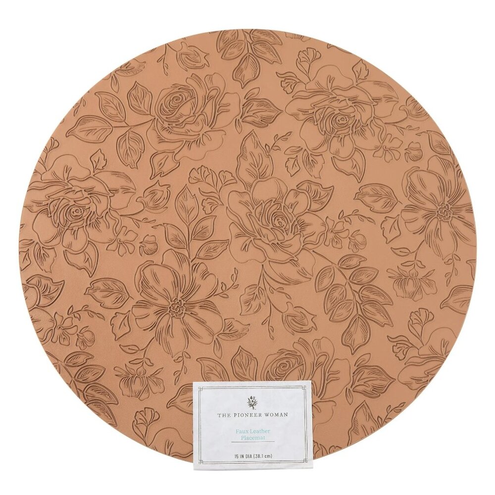 Lot of 4 Pioneer Woman Faux Leather Placemat Embossed Floral Brown 15" Round
